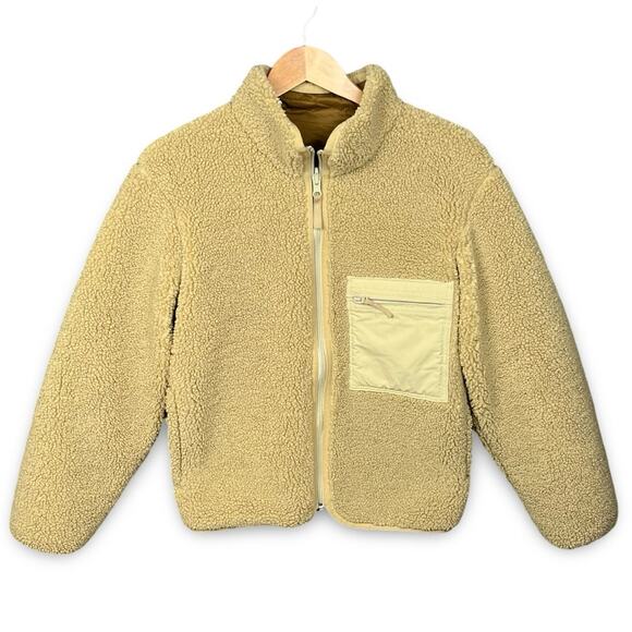 UNIQLO Mens XS Fleece Jacket Full Zip Sherpa Tan Beige Soft Cozy Reversible - Picture 1 of 8